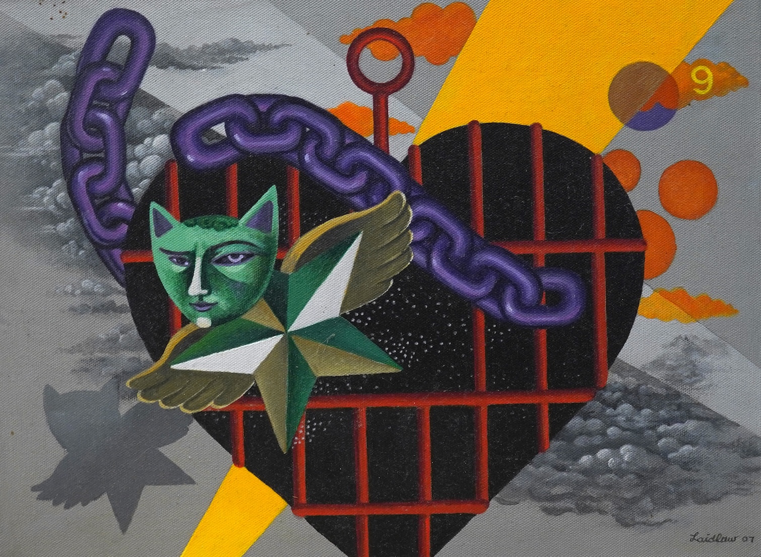 Ken Laidlaw (b.1945), Surreal compositions, Trees, figures and chains, each signed and dated ‘07, two oils on canvas, unframed, 41 x 30cm